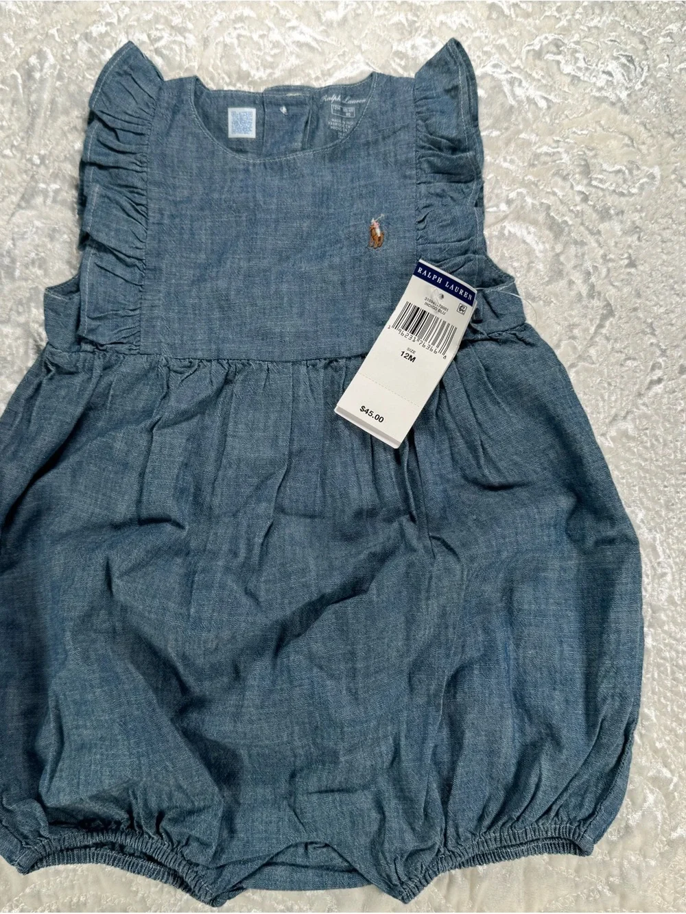 NWT Ralph Lauren Indigo Blue Baby Chambray Bubble Romper